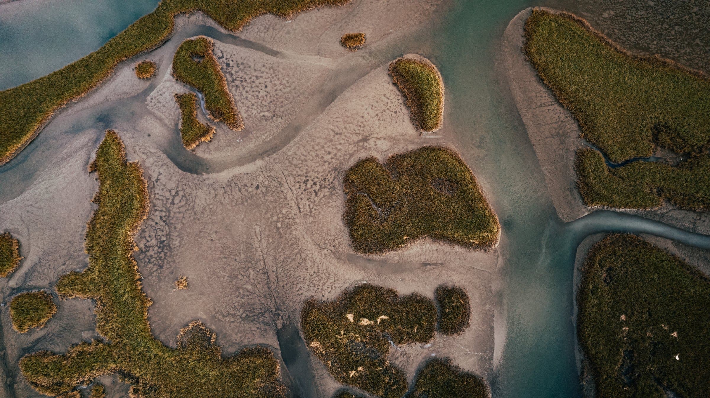 Aerial view of Port Sulphur, Louisiana marsh water for redfish fly fishing.