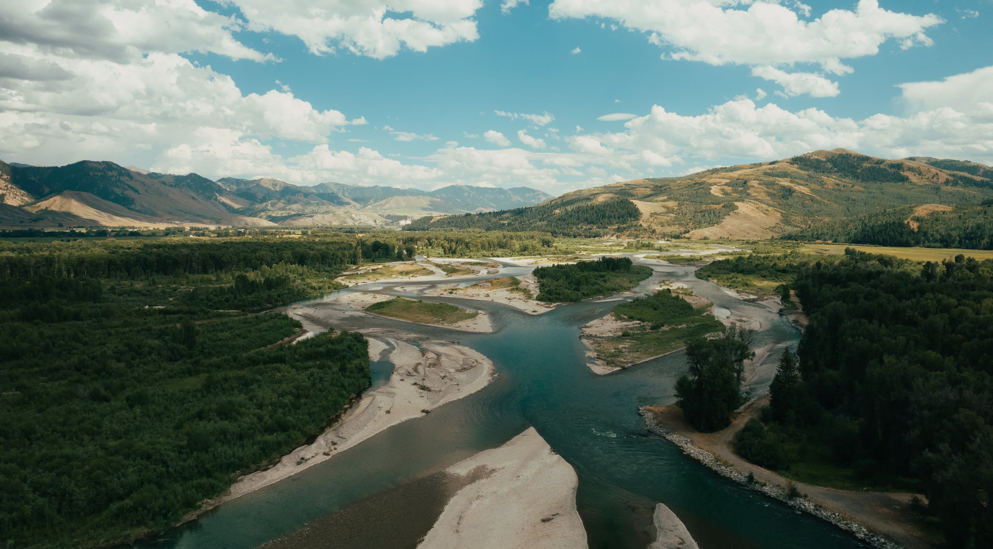 Aerial view of the braided Snake River and its side channels in western Wyoming
