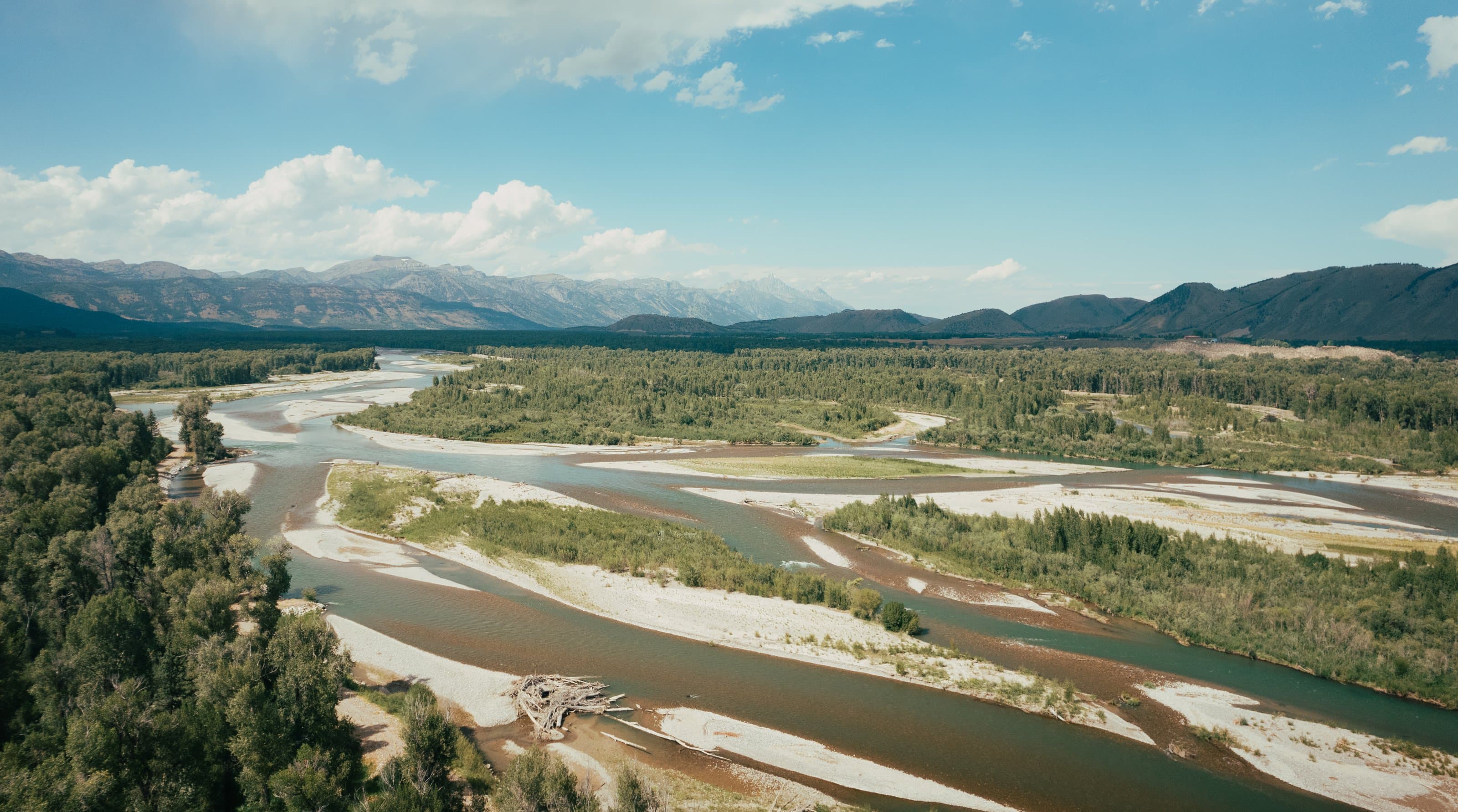 Snake River valley and braided gravel bars seen from above in western Wyoming