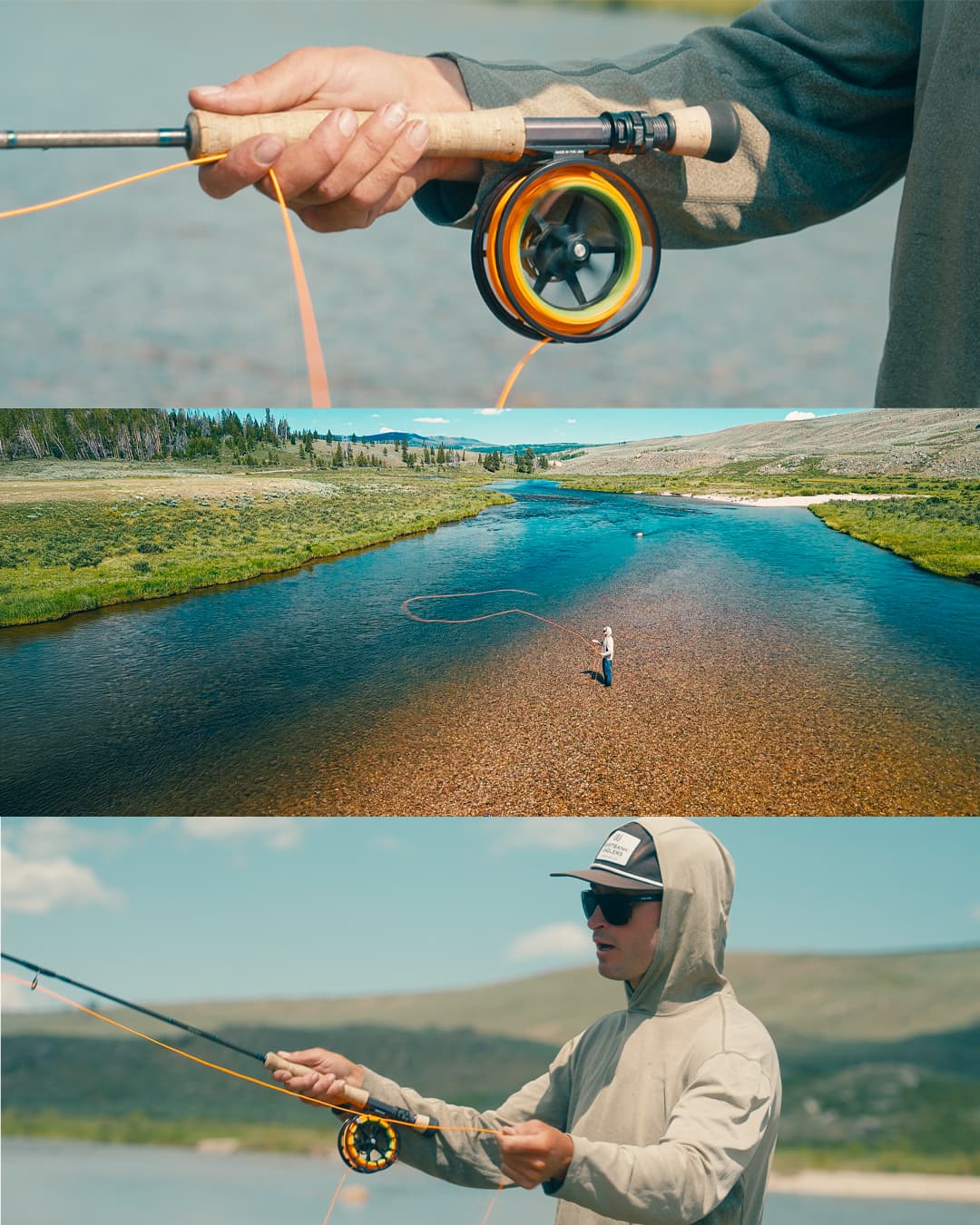 Fly casting instruction sequence in Wyoming with rod hand, loop, and angler.